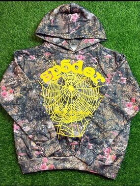 Spider Graphic Hooded Sweatshirt - Yellow Web Print on Brown/Pink